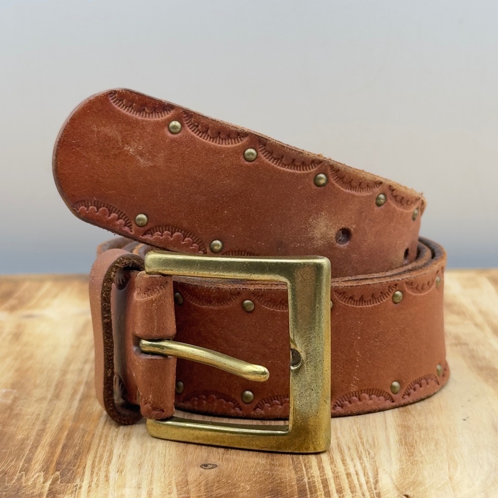 Amanda Smith Leather Belt Brown Studded Scalloped Tooled Western Small